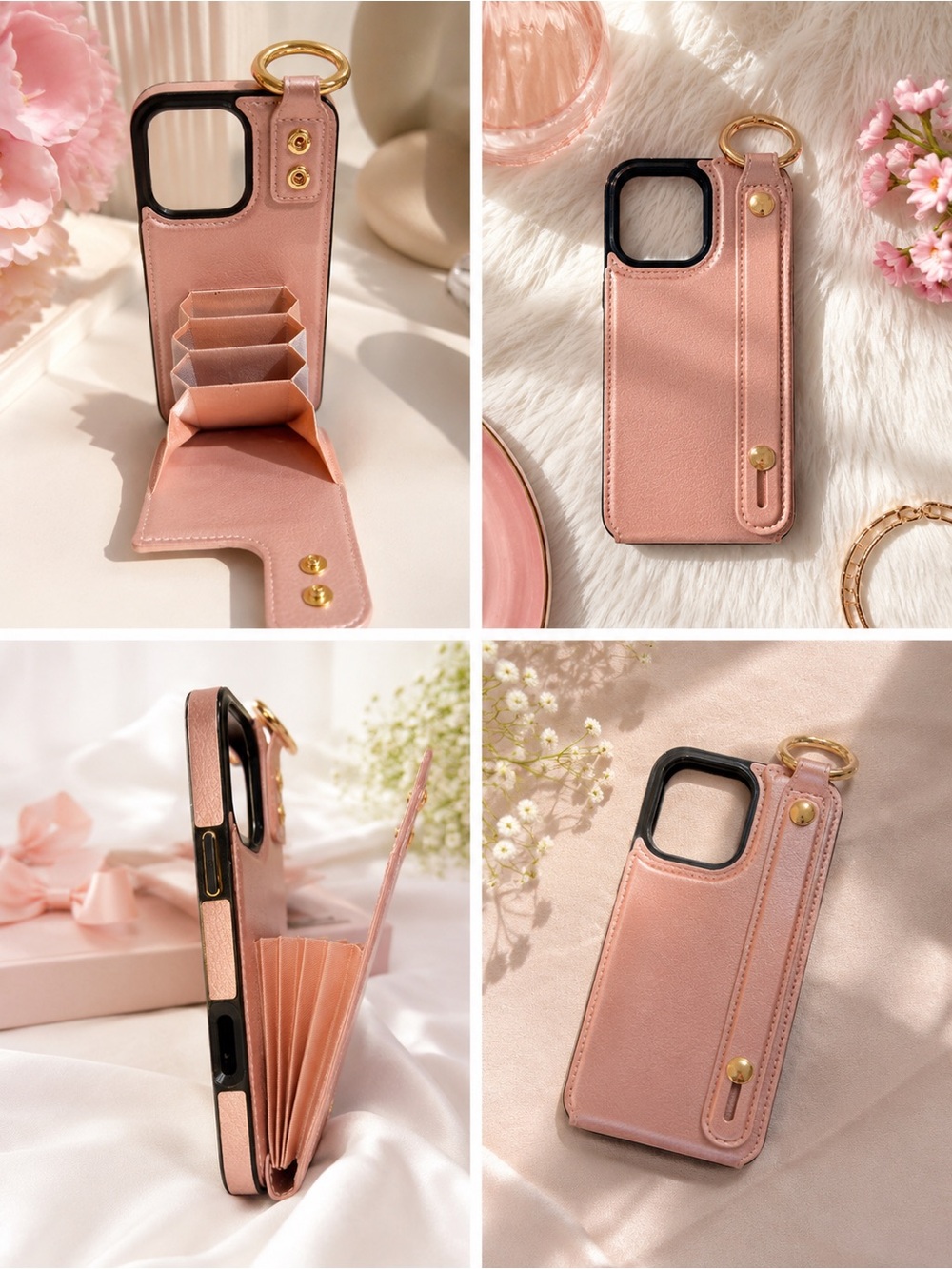 Pink Leather Cardholder Phone Case with Wrist Strap (16 Pro Max)